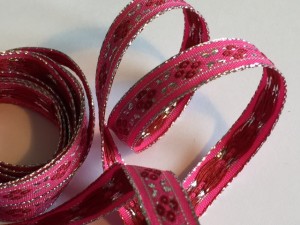 Silver Metallic Pink Flower Woven Ribbion